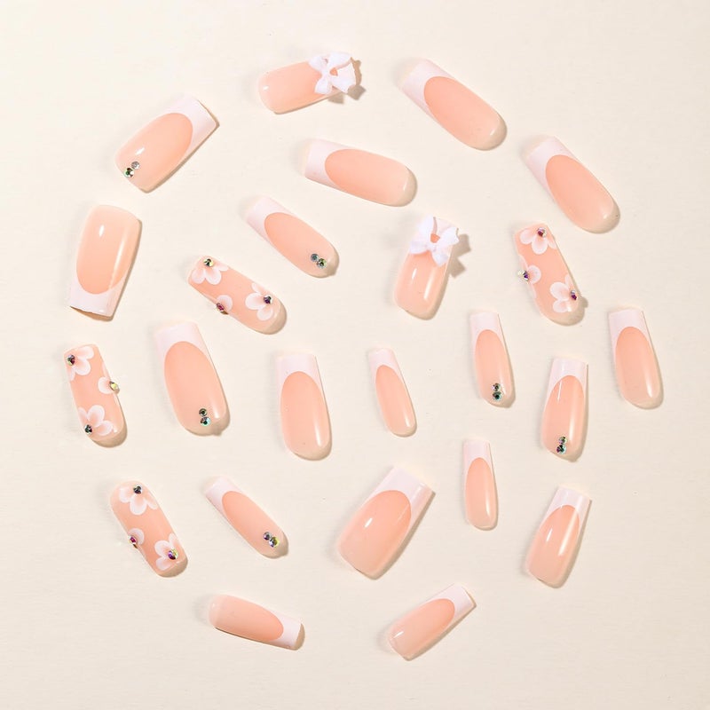 BSBTBZ 24pcs French Tip Press on Nails Medium Length Fake Nails Flower with 3D Flower Bow Charms Acrylic Nails Press ons Design Glossy Pink False Nails Cute Stick on Nails for Women Manicure Tips - Image 3